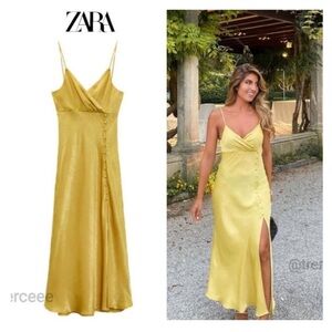 Zara Mustard yellow satin slip Midi Dress with Button Detail